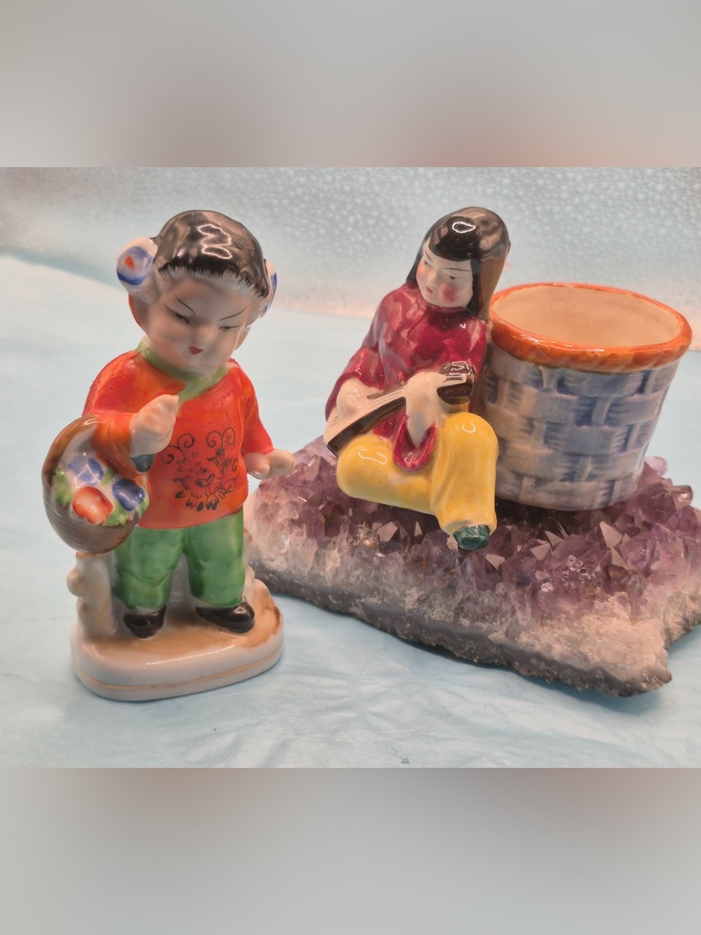Vintage MCM Oriental Statue Pair Occupied Japan Toothpick Holder & OK Figurine